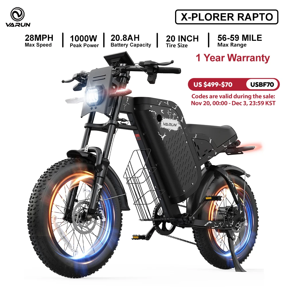 دراجة كهربائية Varun X-Plorer Rapto للبالغين، طاقة ذروة 1000 وات، 48 فولت 20.8 أمبير، 20 بوصة × 4 إطار سميك، 28 ميجا في الساعة، دراجة إلكترونية UL 2849، ضمان لمدة سنة واحدة #1