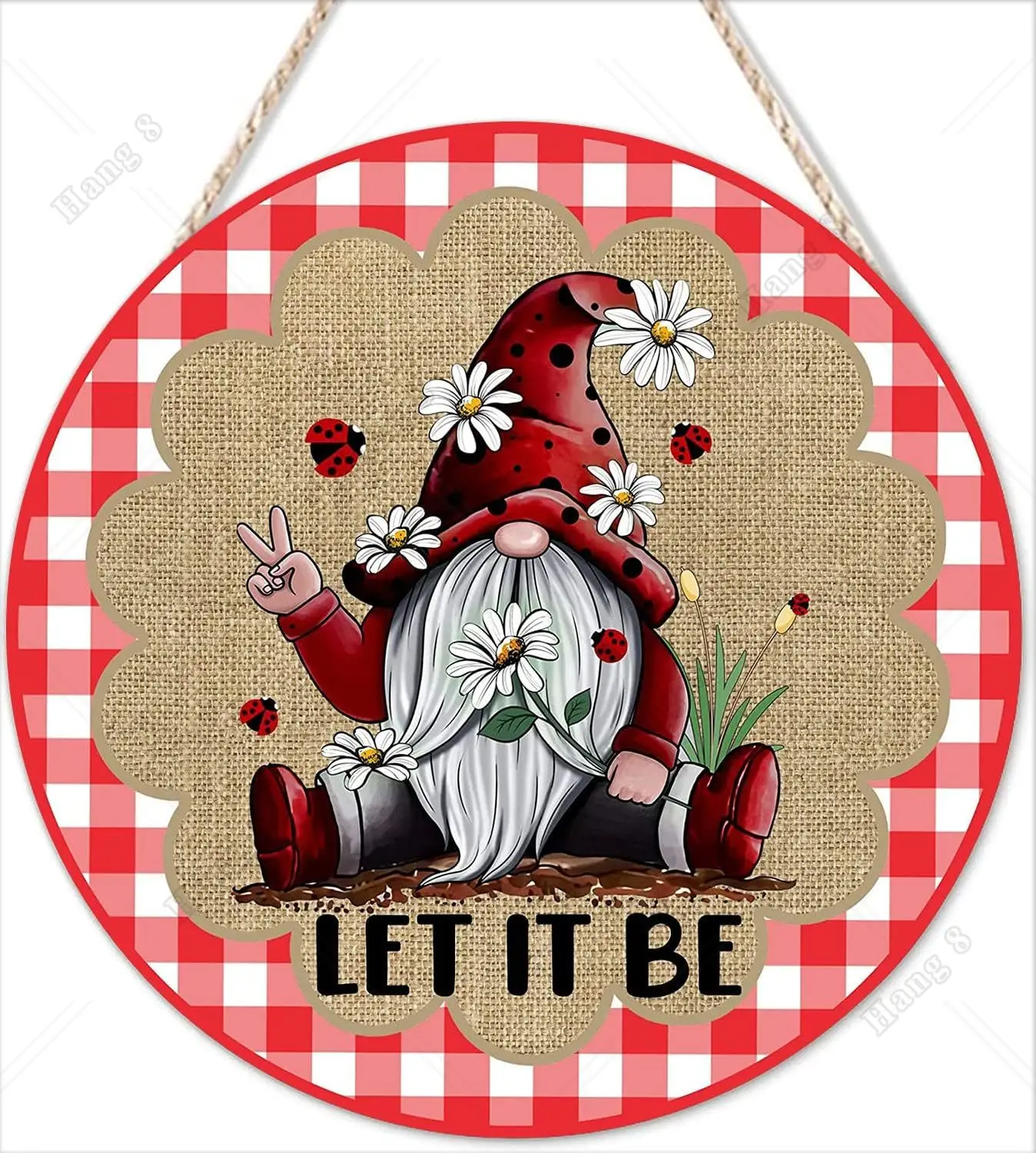 

12in Round Wooden Plaque Sign Gnome with Daisy Flowers Let It Be Wooden Plank Front Door Sign Farmhouse Decor Wall Hanging