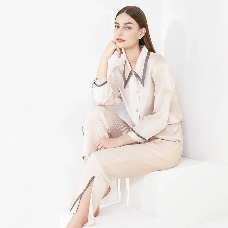 19MM 100% Mulberry Silk Pointed Collar Long-sleeved Trousers Two-piece Pajamas Set Button Down Cardigan Nightwear Pajama Outwear