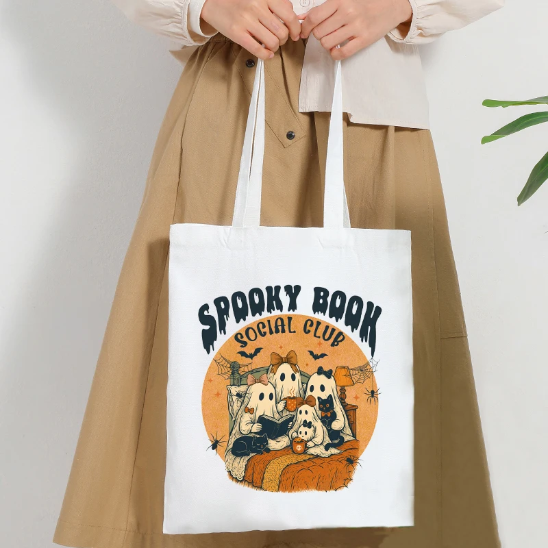 Cozy Halloween Gift Tote Bag, Spooky Book Club Ghost Family Design Shoulder Bag, Women Handbag with Cat & Coffee Lightweight Fun