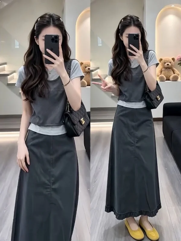 

Women's Commute Set High Waist Skirt Tank Top Base Color Three Piece Suit Summer New Style Slimming Vest Fashion Ensemble