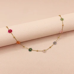 A New Autumn And Winter Women's Stainless Steel Flower Necklace Colorful Beaded Birthday Christmas Halloween Date Gift