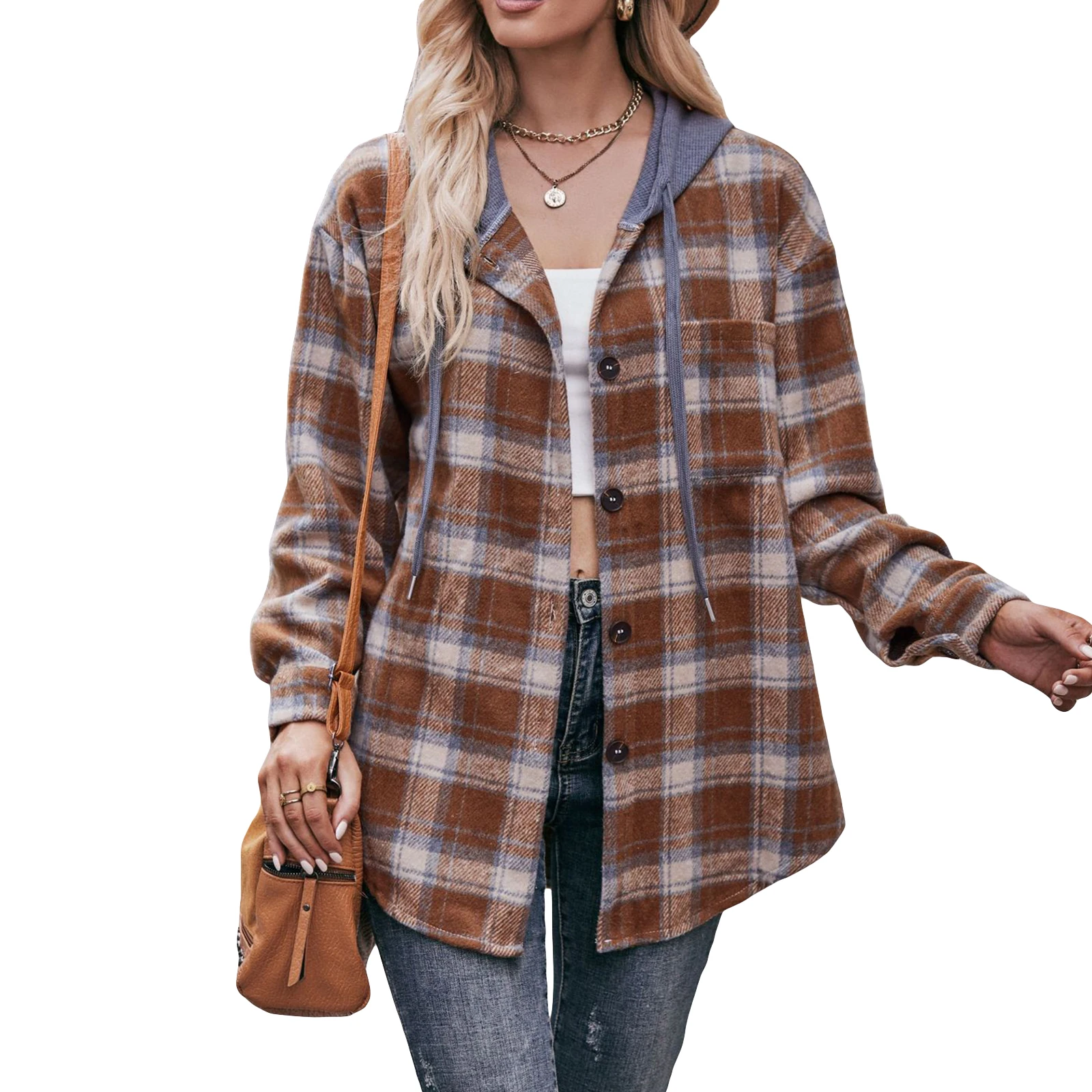 Cappotto con cappuccio con stampa scozzese da donna manica lunga bavero Casual flanella Shacket Jacket camicia autunno inverno chiusura con bottoni capispalla