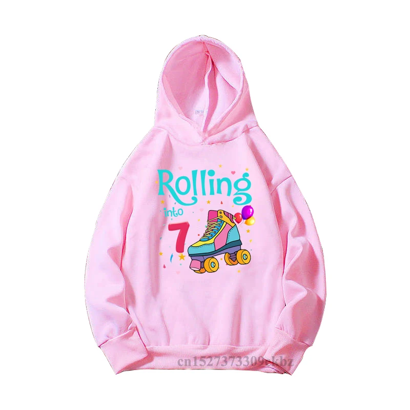 Rollin Into 6-12 Roller Skating Graphic Print Girls Pink Hoodies Kids Clothes Fashion Sweatshirt Birthday Party Girl Tops