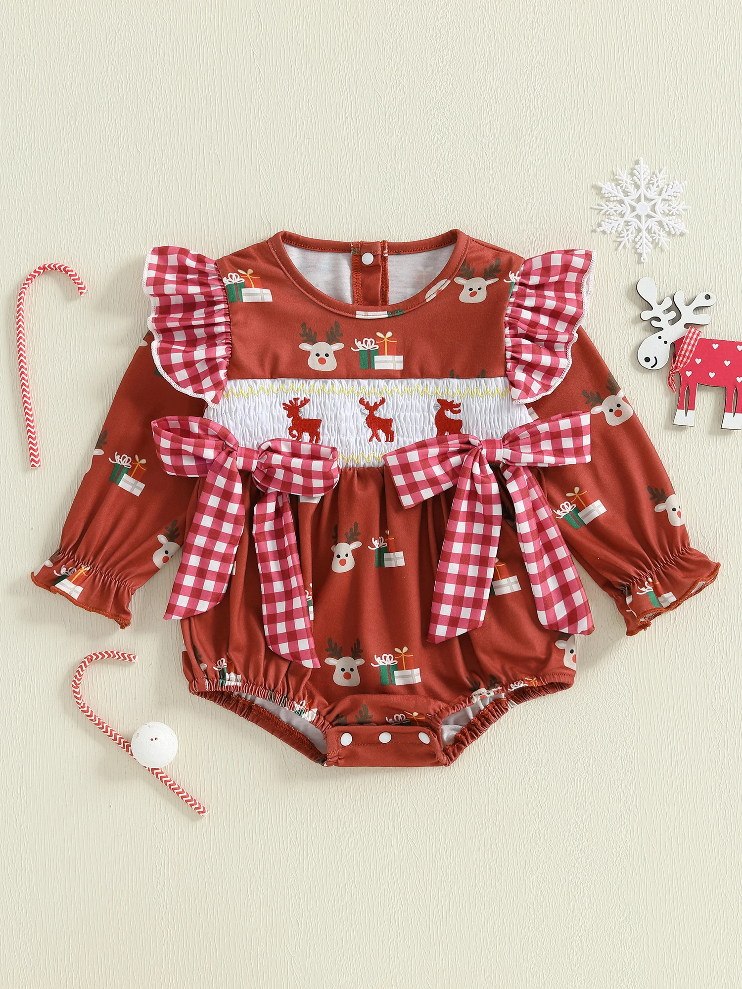 Mameluco navideño a cuadros para niños pequeños con estampado de renos y detalle de lazo en 3D, mono de manga larga con cuello redondo para niña