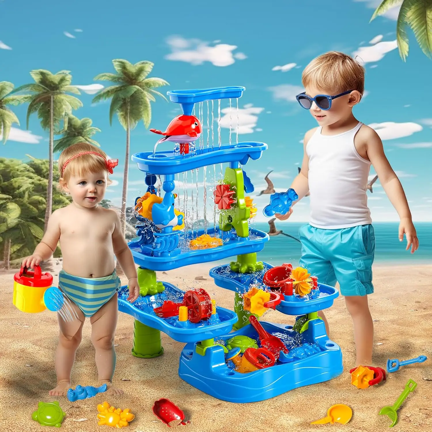 Sand and Water Table Toy for Kids, 5 Tier Showers Pond Table, Kids Play Activity Summer Outdoor on Beach Backyard Age 3-5 Up