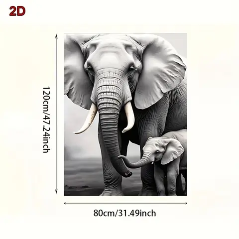 2D plat, éléphant africain mère et veau noir et blanc impression d'art Vintage-sans cadre 2D impression plate faune toile mur Art pour