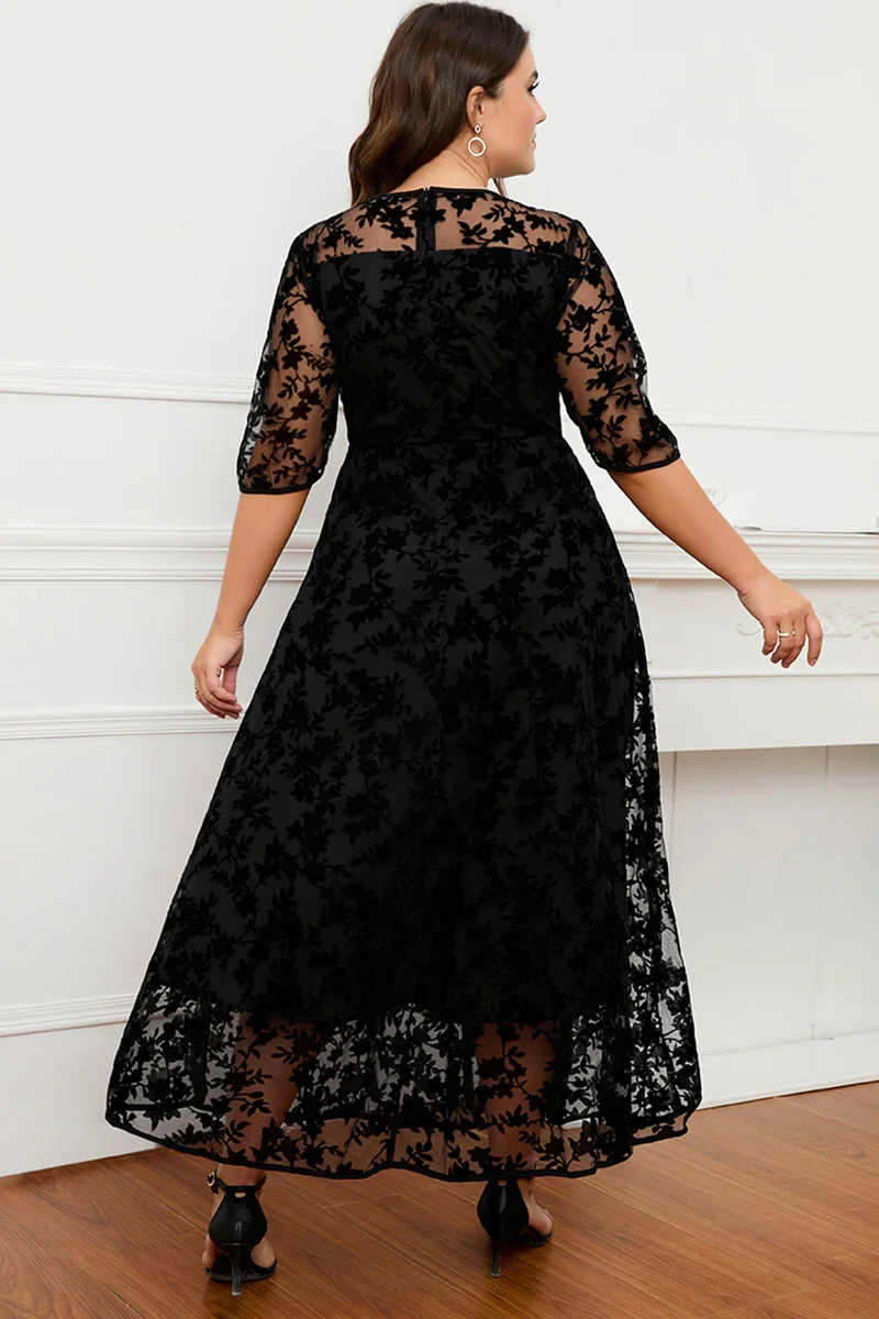 Plus Size Short Sleeve Maxi Dress Women Black Lace Flocking Mesh Velvet Double Layer Long Formal Dress Elegant Party Dress