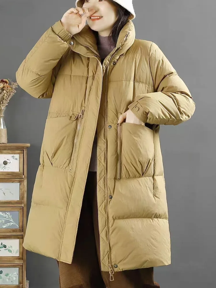 Winter Coat Female 2024 New White Duck Down Warm Long Down Coats Fashion Loose Leisure Thickened Stand-up Collar Puffer Jacket