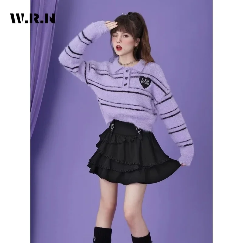 2023 Winter Sweet Casual Y2K Knitting Long Sleeve Heart Appliques Pullovers Korean Fashion Women Striped Slim Ladies Sweater