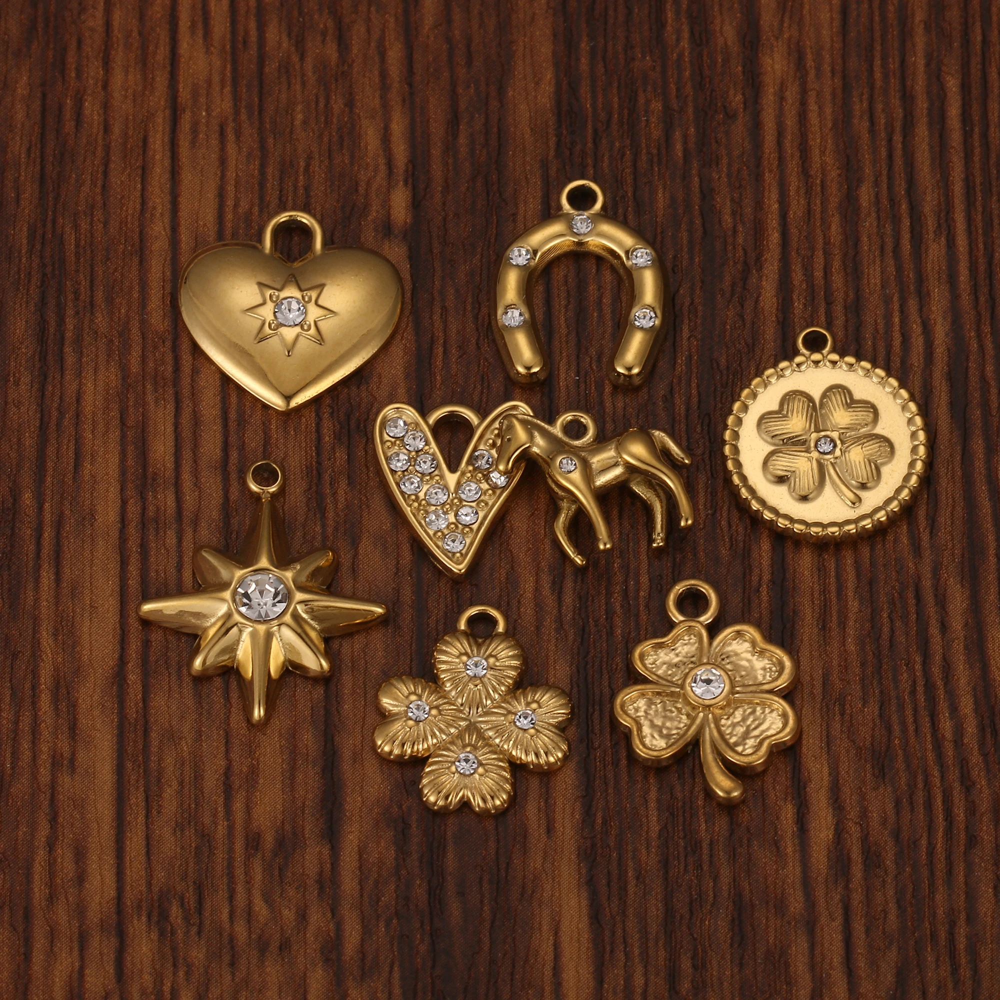 3Pcs North Star/Heart/Horseshoe Charm Stainless Steel Exquisite Rhinestone Pendant DIY Necklace Earring Valentine Jewelry Making