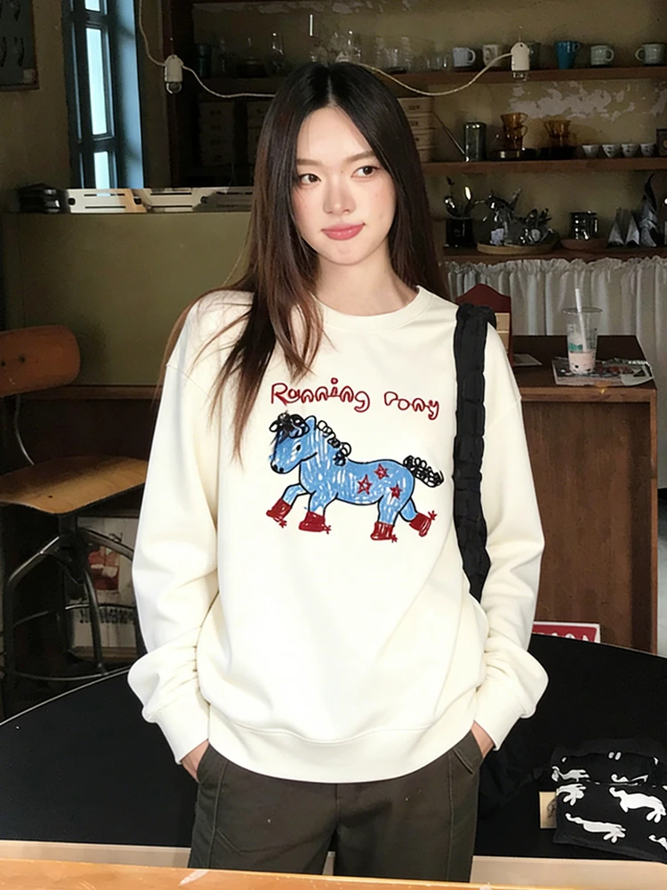 

American Lazy Sle Print Sweatirt Women Early Spring New Outerwear Base irt Casual Loose Top Fem Faion