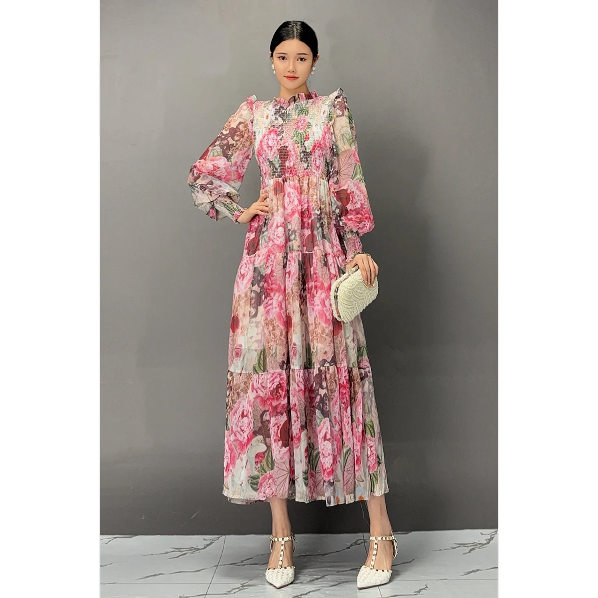 Vefadisa 2024 Autumn New Pink Floral Women Dresses Stand Collar Long Sleeve Swing Dress Casual Fashion Elegant Dress ZXY998A