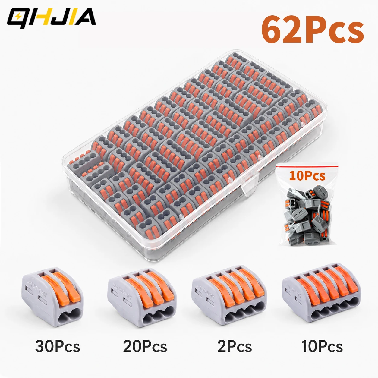 Lever Wire Connector Assortment Kit 62PCS 2/3/4/5 Port Reusable Quick Splice Electrical Terminals 32A 250V AWG28-12 Storage Box