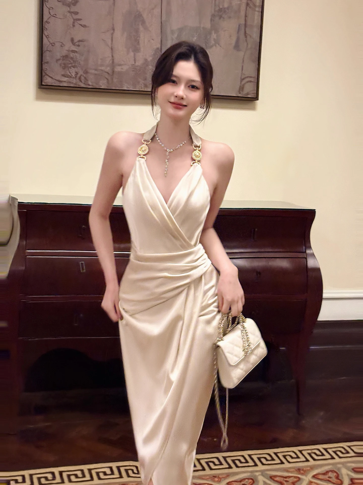 

Ele Satin V-Ne Hanging Ne Dr Women's Waist Slimming Thousand Gold Wind Dr Fi Tail Long Dr French Sle