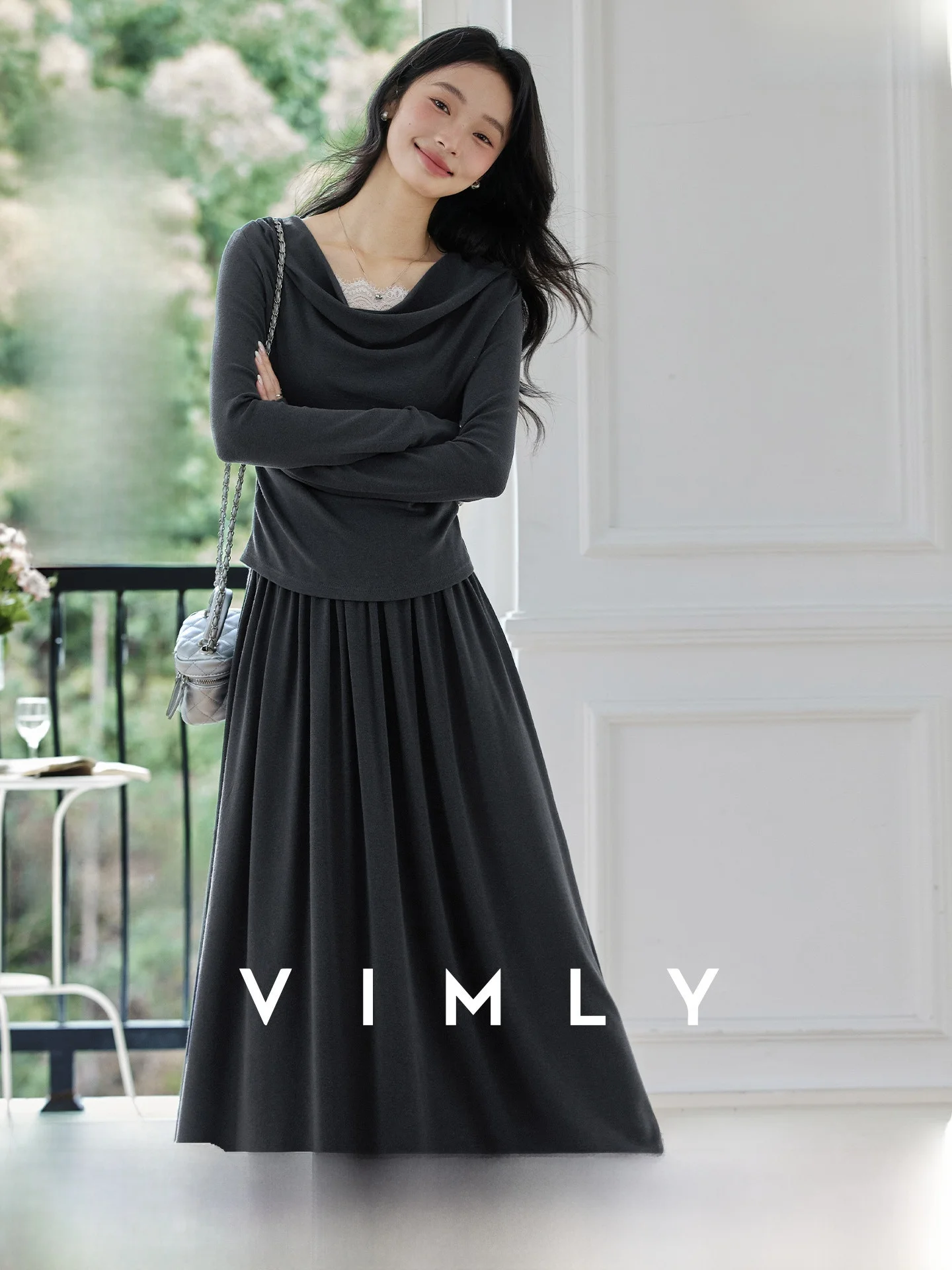 

ey Two-Piece Women's Faion Set Early Spring f-length Sve Long-Sve Casual Sle V-ne Top Skirt Ensemble