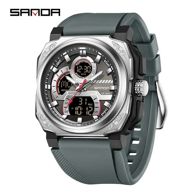SANDA-reloj electrónico para hombre, pulsera deportiva multifuncional cuadrada con correa de silicona, pantalla Digital analógica, 3356