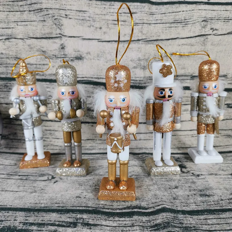 5Pcs Christmas  Gold Powder Soldier Nutcracker Ornaments Christmas Wooden Pendant Nutcracker Xmas Nutcracker Soldier Handpainted