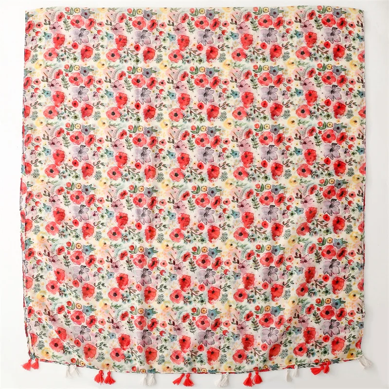 Châles à pampilles à motif coquelicot pour femmes, écharpe à imprimé floral, foulard doux, rond, hijab, printemps, 2024