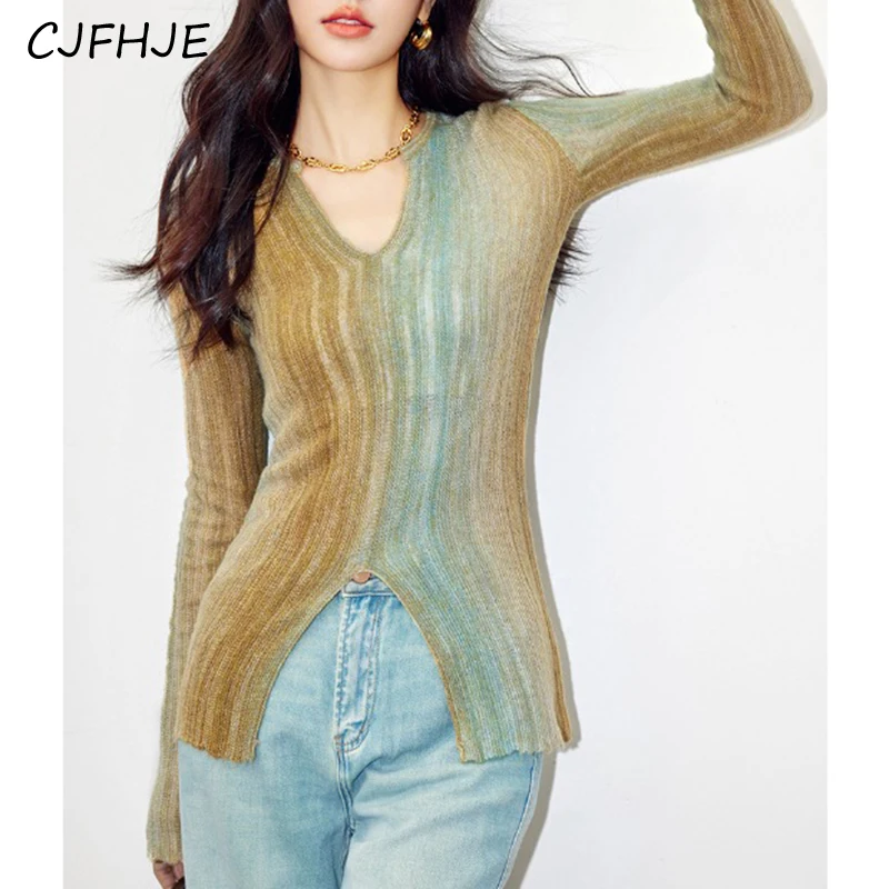 

CJFHJE Spring Women's Gradient Tie Dyed Vertical Stripe Sweater Fashion V-neck Slim Fit Women Micro Transparent Pullover Knit