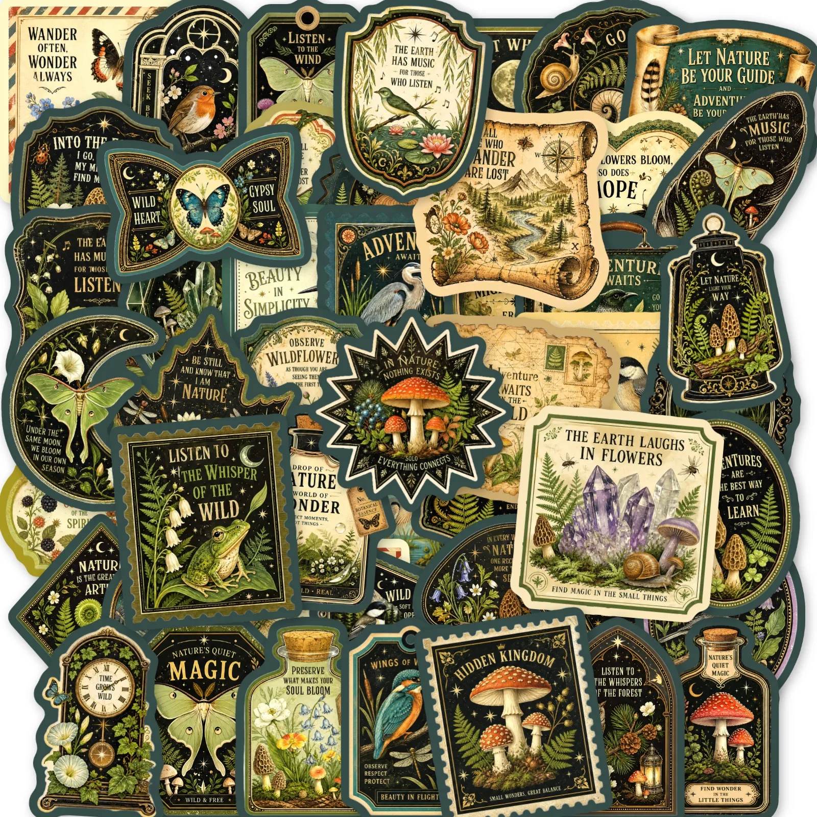 50 Pcs Vintage Nature Theme Stickers Animal Plant Pattern Waterproof Vinyl Decals for Journal Laptop Phone Case Gift