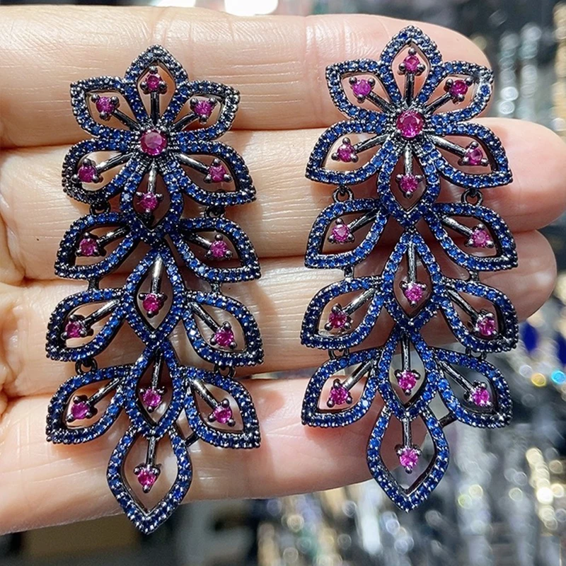 Long Dangle Earrings for Women Wedding Dinner Party Shiny Jewelry Colorful Cubic Zirconia Flower Earrings