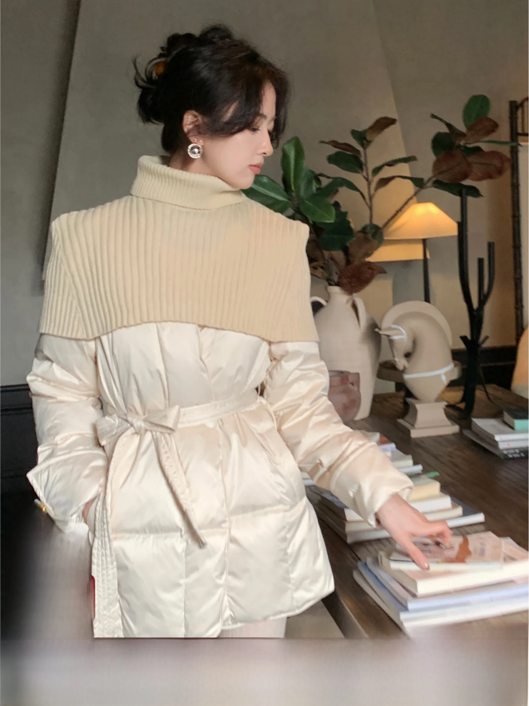 

Vintage Sle High Collar Du down Puffer Jaet oulder Wrap Loose Fit Slimming Outerwear Snowy Pillow SYT Women's Coat