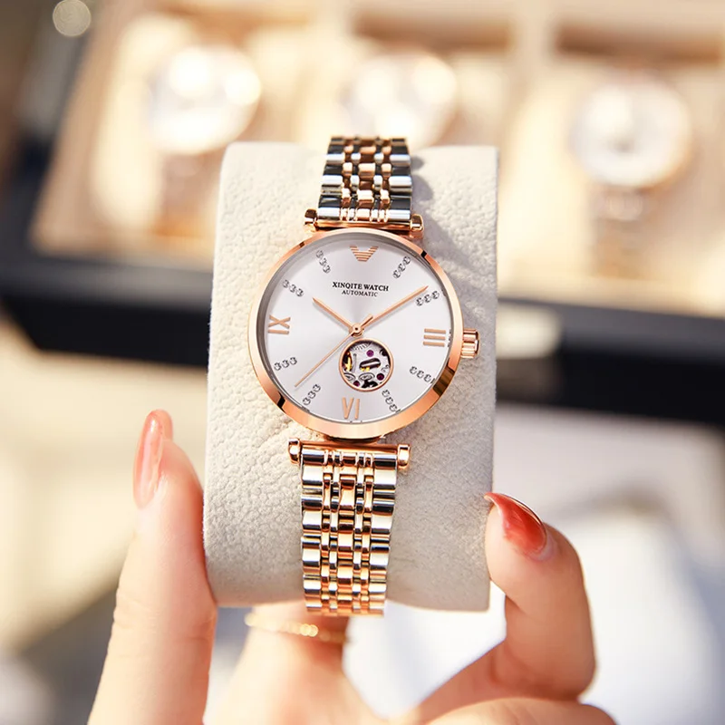 Relojes mecánicos automáticos de acero inoxidable para mujer, reloj femenino de estilo Casual de oro rosa, cierre oculto con botón