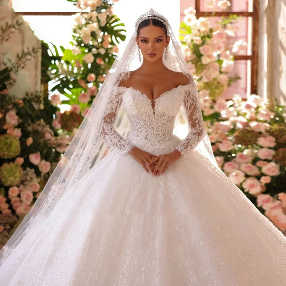Romantic Ball Gown Off Shoulder Wedding Dresses Long Sleeve Shine Tulle V-Neck Bridal Gown Vestidos De Novia Customized