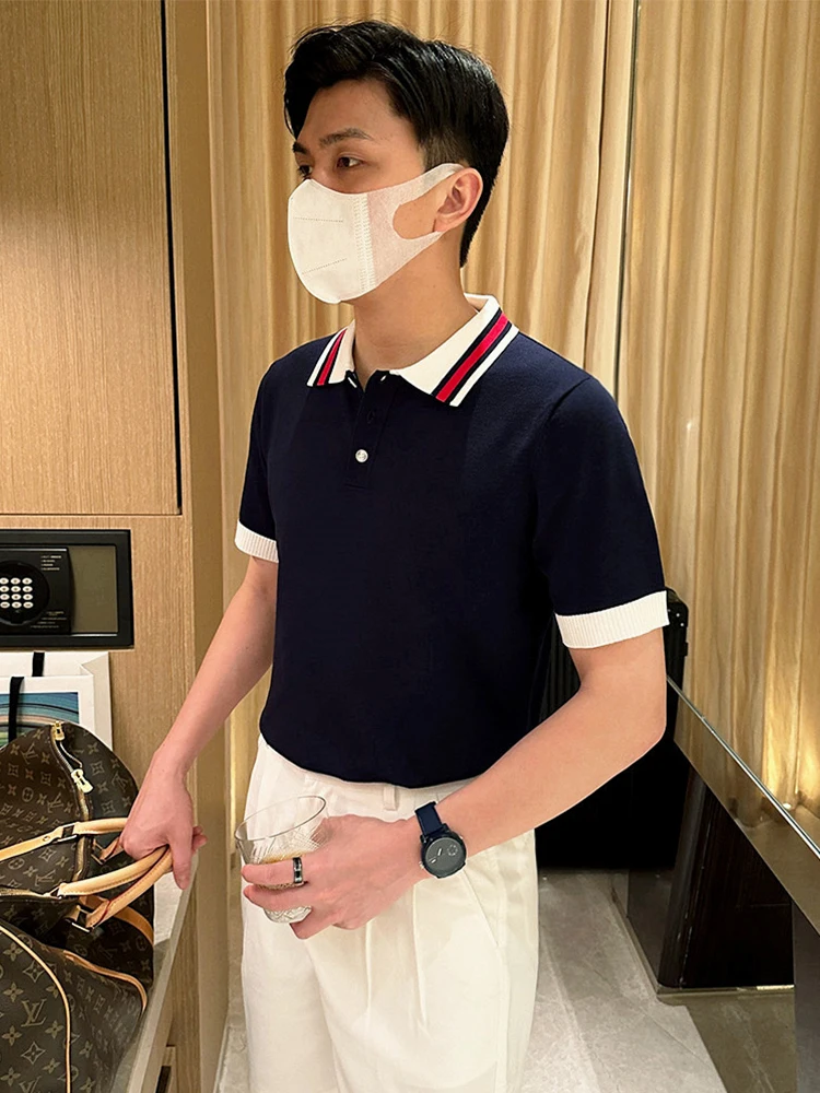 

Busin Casual Knitted Slim Fit ort Sve irt Men's Advanced Color Blo Collared T-irt Breathable Lightweight S...