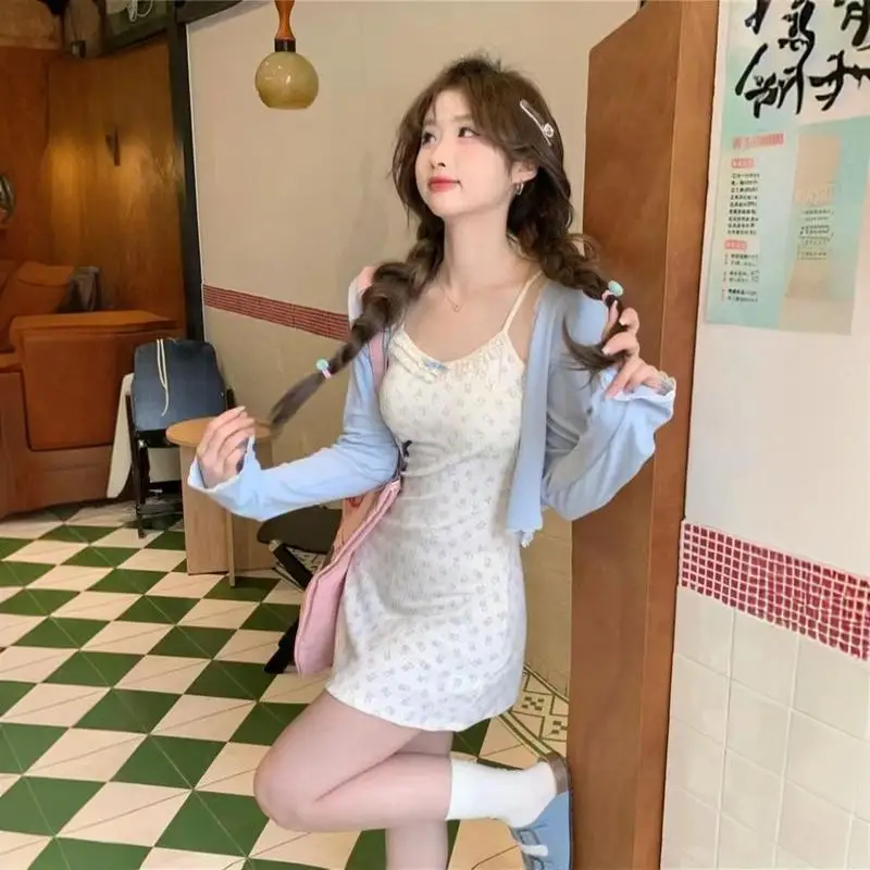 

Spring Autumn New Sle Women's Floral Print Wrap Dr And Cardigan Long Sve Sweet Sle Two Piece Set ort Skirt