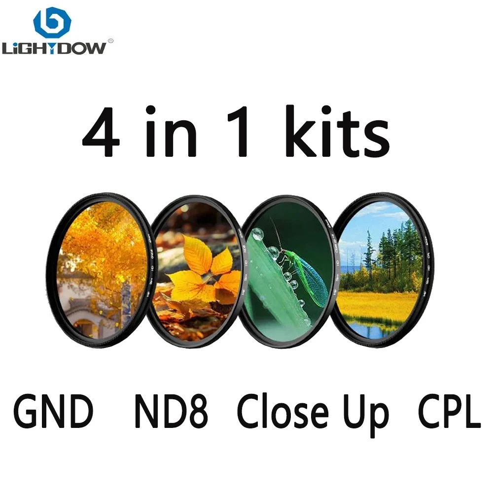 Lightdow Lens Filter Kits Macro Close Up GND 0.9 Graduated Gray CPL ND8 49 52 55 58 62 67 77 82 mm for Canon Sony Nikon Camera