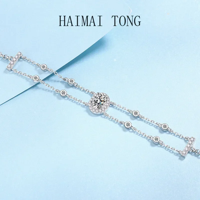 الكلاسيكية المرأة البلاتين PT950 سلسلة مزدوجة 1ct مويسانيتي Dcolor سوار مرصع بالألماس نمط شخصي لصديقة Ins مجوهرات