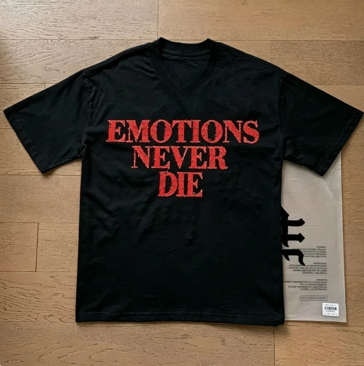2026 Men Emotions Never Die Text Graphic T Shirt Red Distressed Font Streetwear Crewneck Tee