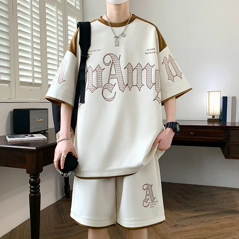 

Casual Sportswear Set for Men Summer ort Sve Loose Sle f Sve T-irt Teenager Haome Two-Piece Suit Polyester ...