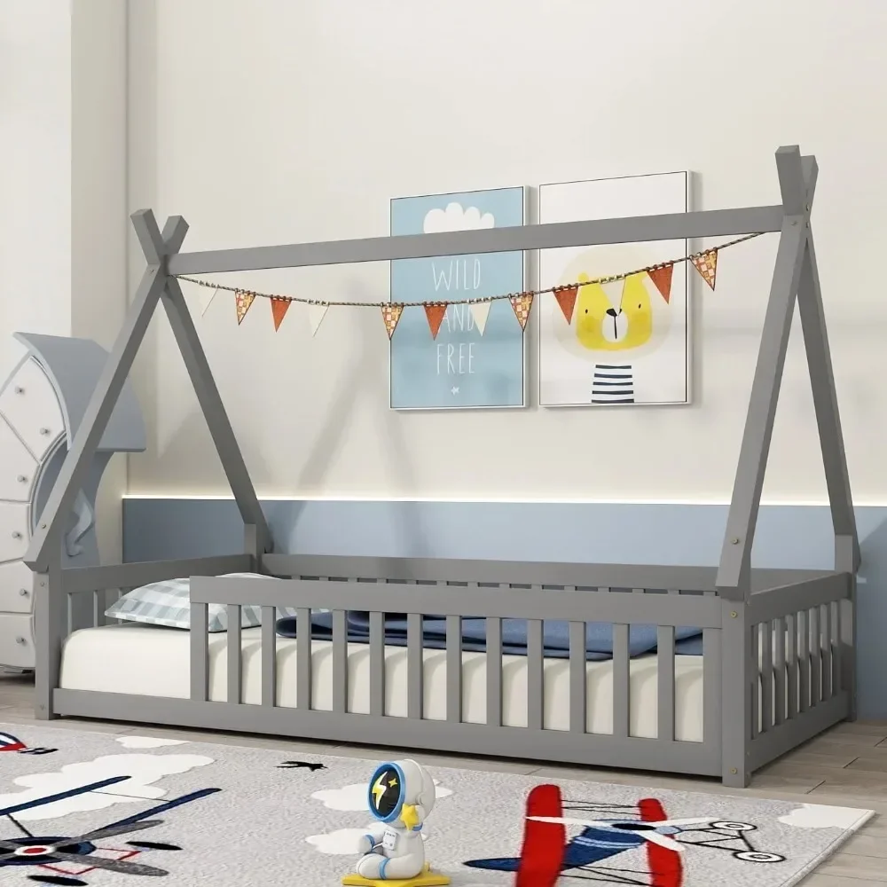 Cama de suelo de casa de tamaño doble, marco de cama Montessori de madera con barandillas de valla, camas de casa para niños pequeños, niñas y niños
