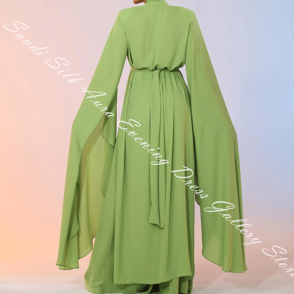 Chiffon Long Sleeves V-Neck Flare sleeves Floor Length A-Line Evening Dress High Quality Solid Color Bespoke Occasion Gowns