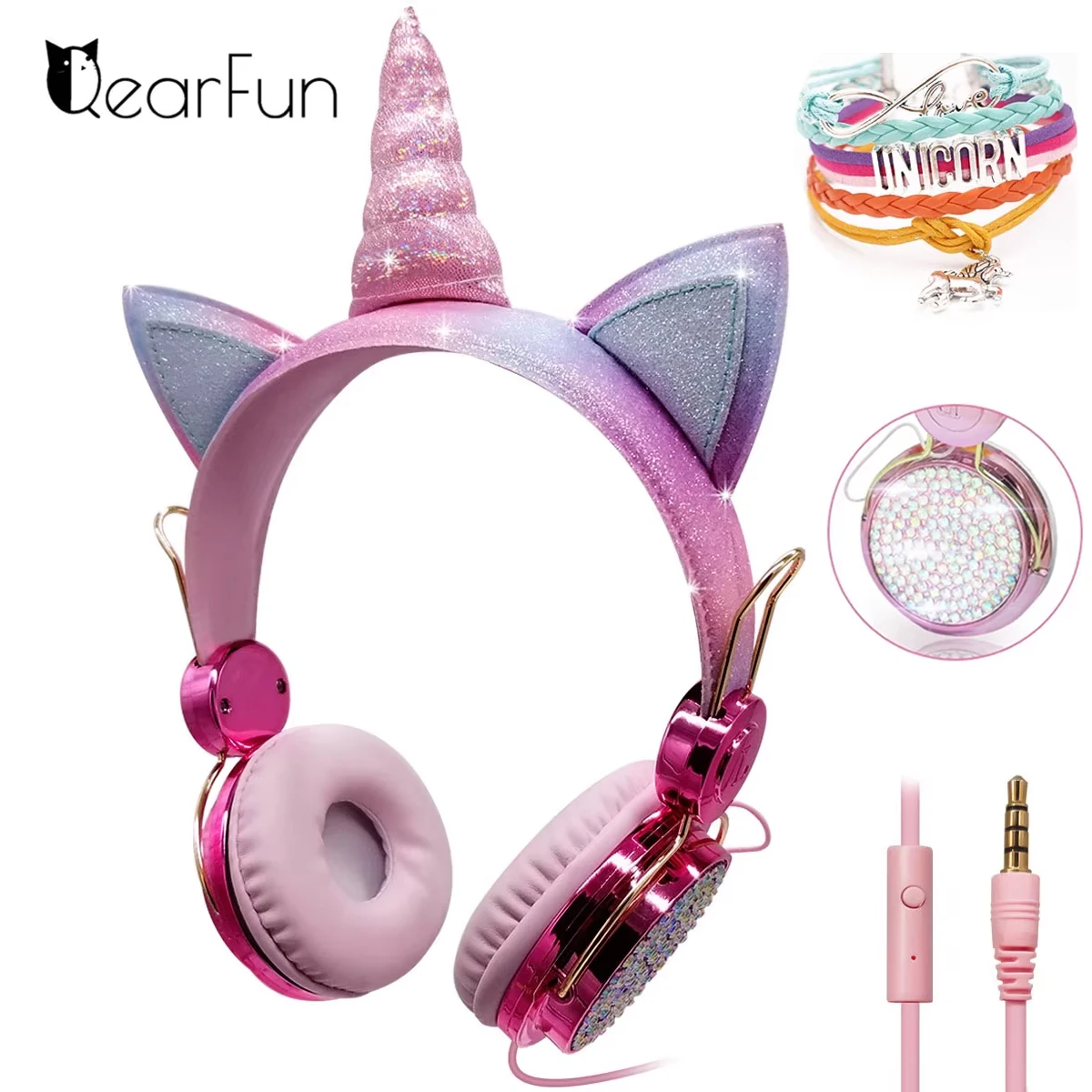 Kids Headphones Diamond Unicorn Wired Headphones with Microphone Girls Music Phones Headset for Children Daughter Kids Gifts