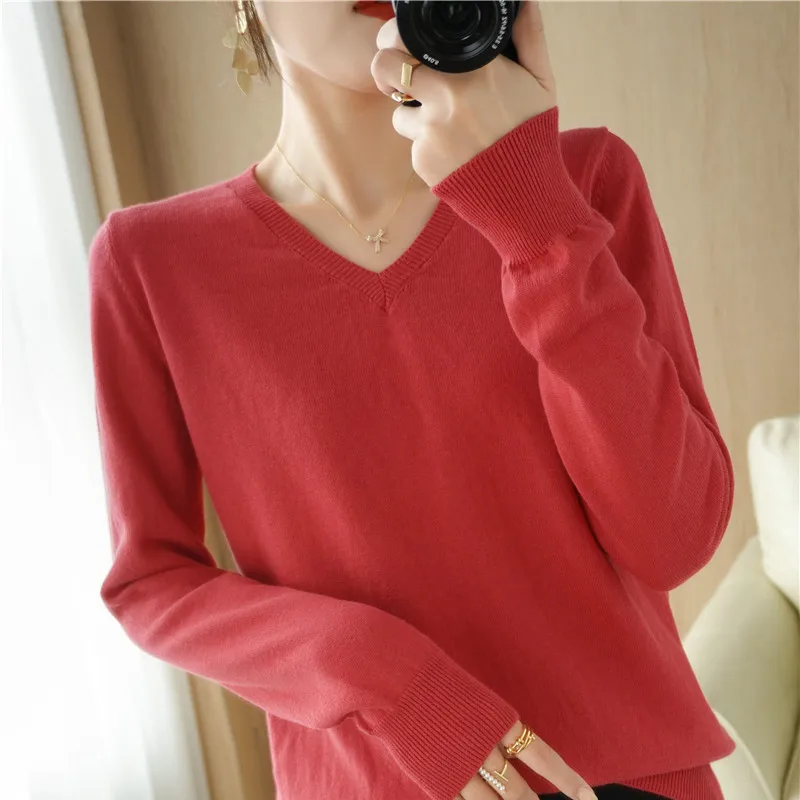 2023 New Women\'s Sweater 100% Cotton V-Neck Casual Knitting Solid Color Pullover Loose Fashion Long Sleeve Korean Women\'s Top