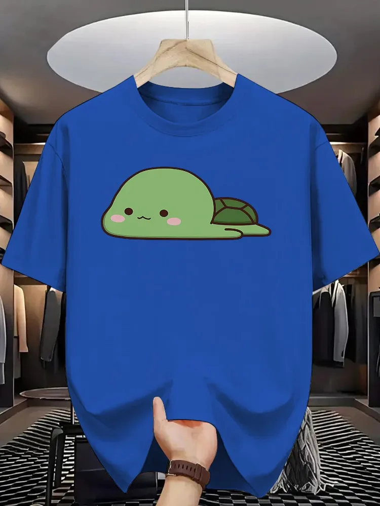 Mens White Oversized Cotton Tee Cute Blush Green Baby Turtle Cartoon Print Crew Neck Short Sleeve Kawaii Casual Male Street Top