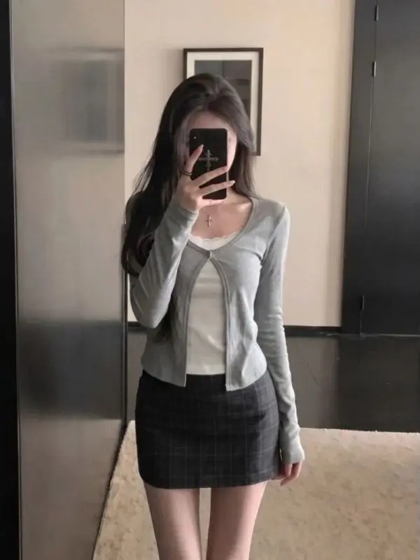 Lace Splice Long Sleeve Slim Fit Short T-Shirt Women's Spring Autumn Pure Desire Waist Cinching Casual Cotton Blend Top