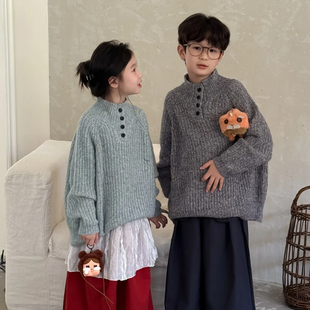 

Kids Knitted Sweater Solid Color Loose Fit Unisex Warm Winter Pullover Casual Top Korean Style Toddler Clothes Christmas Gift