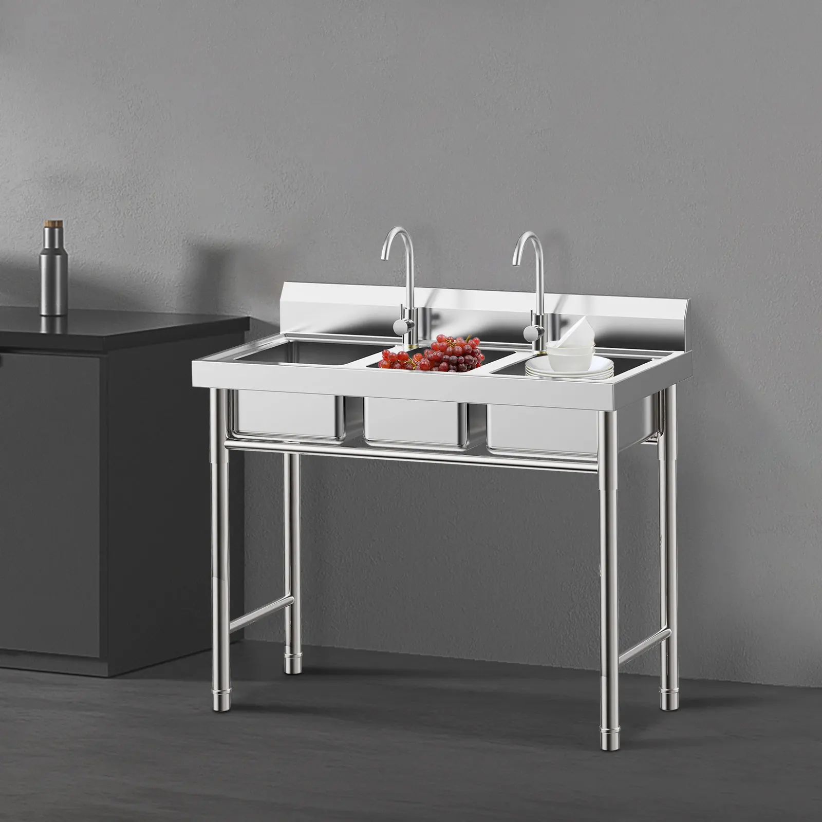 

Раковина с 3 отделениями, кухонная раковина из нержавеющей стали 304, настольная мойка для общественного питания с 2 кранами