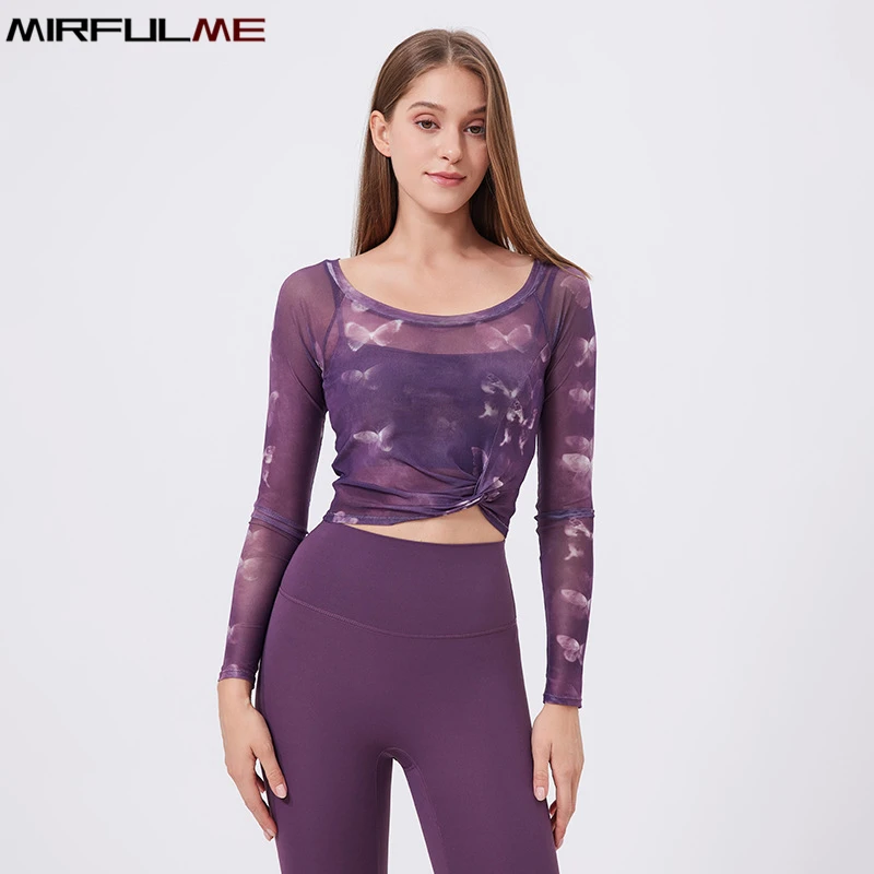 

Women Padded Yoga Sport Shirts Fake Two-Piece Outdoor Undershirt Mesh Long Sleeves Running Sweatshirts Slim Gym Fitness Tops Bra