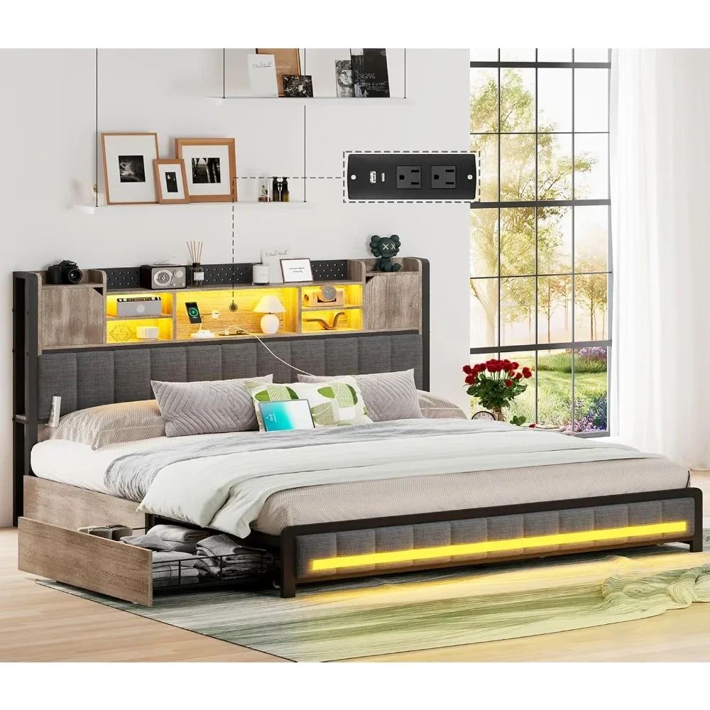 Large Bed Frame with Storage Headboard and 4 Drawers, Type-C and USB Ports, No Need for Box Springs, Charcoal Gray LED Bed Frame