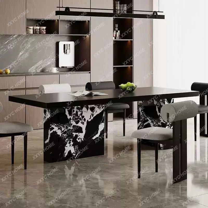 

Обеденный стол из чисто черного камня в стиле Баухаус, простой современный прямоугольный дизайн.