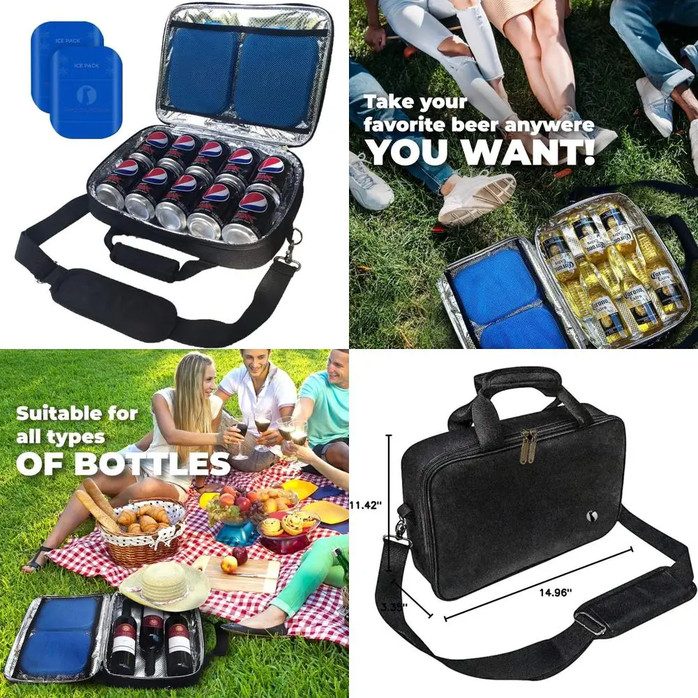 

Ultra-Slim Mini Cooler Bag with 2 Reusable Ice Packs, Fits 10 Cans, Ideal for Golf Carts and Lunches (Black)