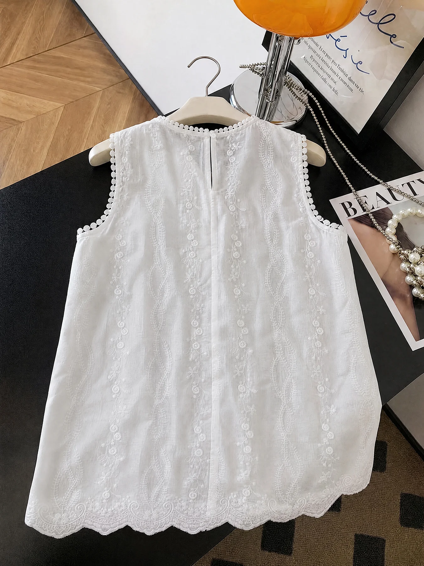 Women's 100% Cotton Sleeveless Tank Top – Crew Neck, Lace Trim, Pleated Detail, and Floral Cut-out Design