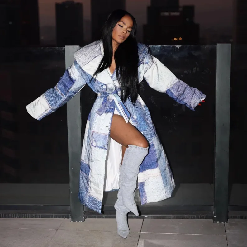 Parkas denim casacos feminino jaqueta longa impressão rendas até mangas compridas turn down collar duplo breasted solto casual 2025 outono inverno