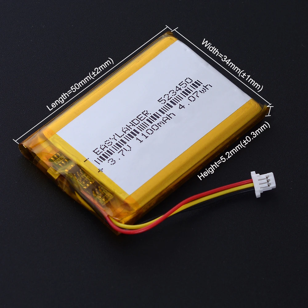 3.7V 1000mAh 3.7Wh 523450 JST 3Pin 1.0mm NTC Thermistor Rechargeable Polymer Lipo Li Battery For GPS Bluetooth Speaker DashCam